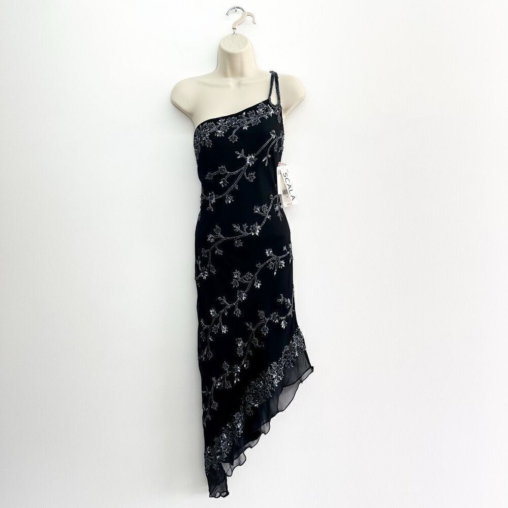 Scala Women’s Vintage Y2K Black Beaded Asymmetrical One Shoulder